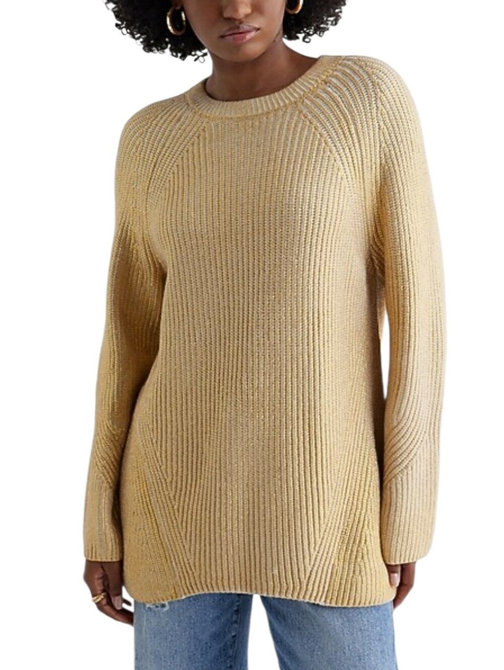 Express Women Sandshell Gold Foil Oversized Rib‎ Knit Crewneck Tunic Sweater S